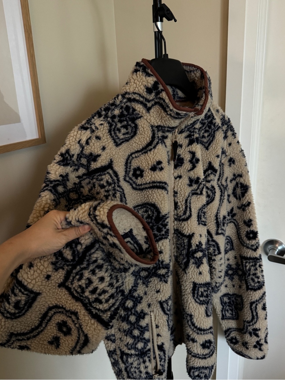 Urban Outfitters Cream and Navy Patterned Sherpa Zip Jacket